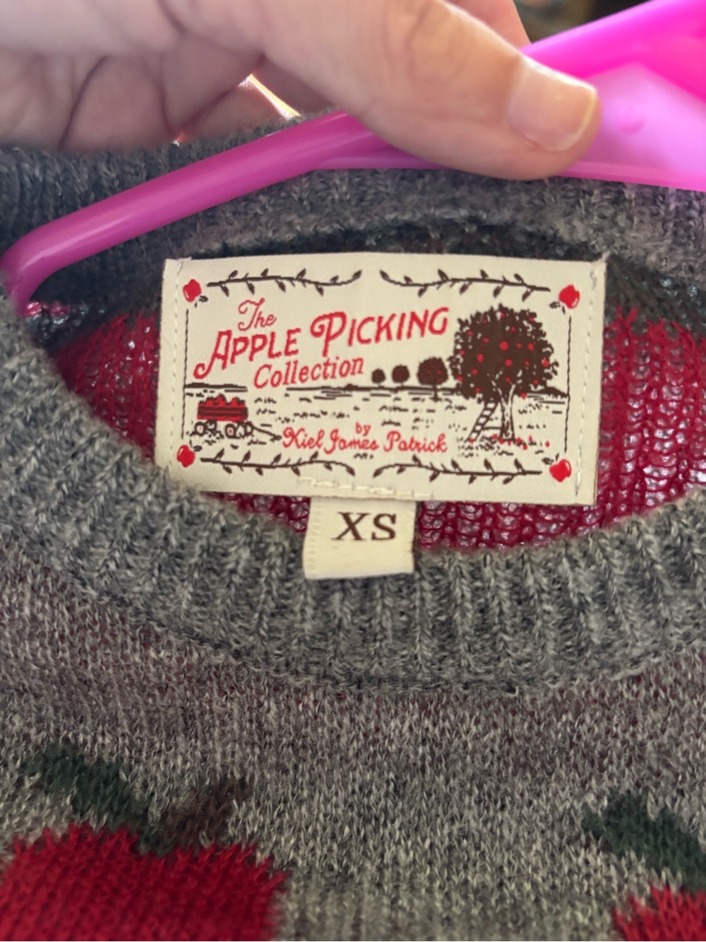 Kiel James Patrick Gray Sweater with Red Apple Motif - Women's Crewneck Sweater - Picture 5 of 5